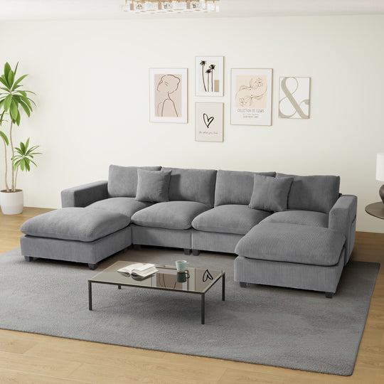 Hearthside 128" Corduroy Modular U-Shaped Sectional Couch and Chaise With USB/Type-C Ports and Side Pockets