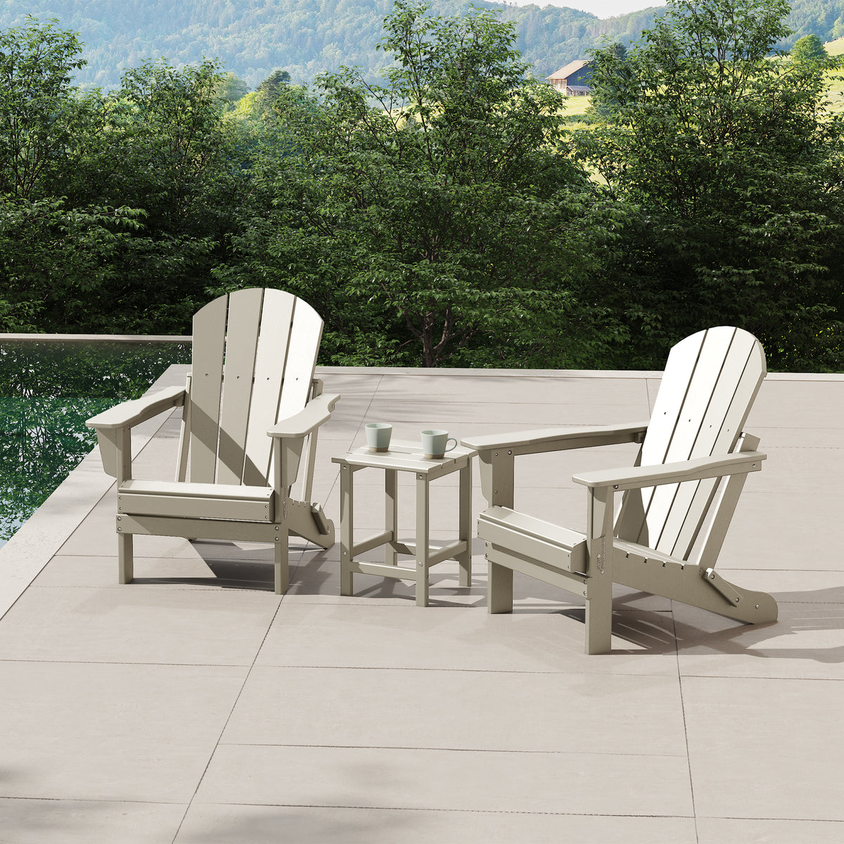 Malibu Adirondack chair set with side table in Sand styled outdoors