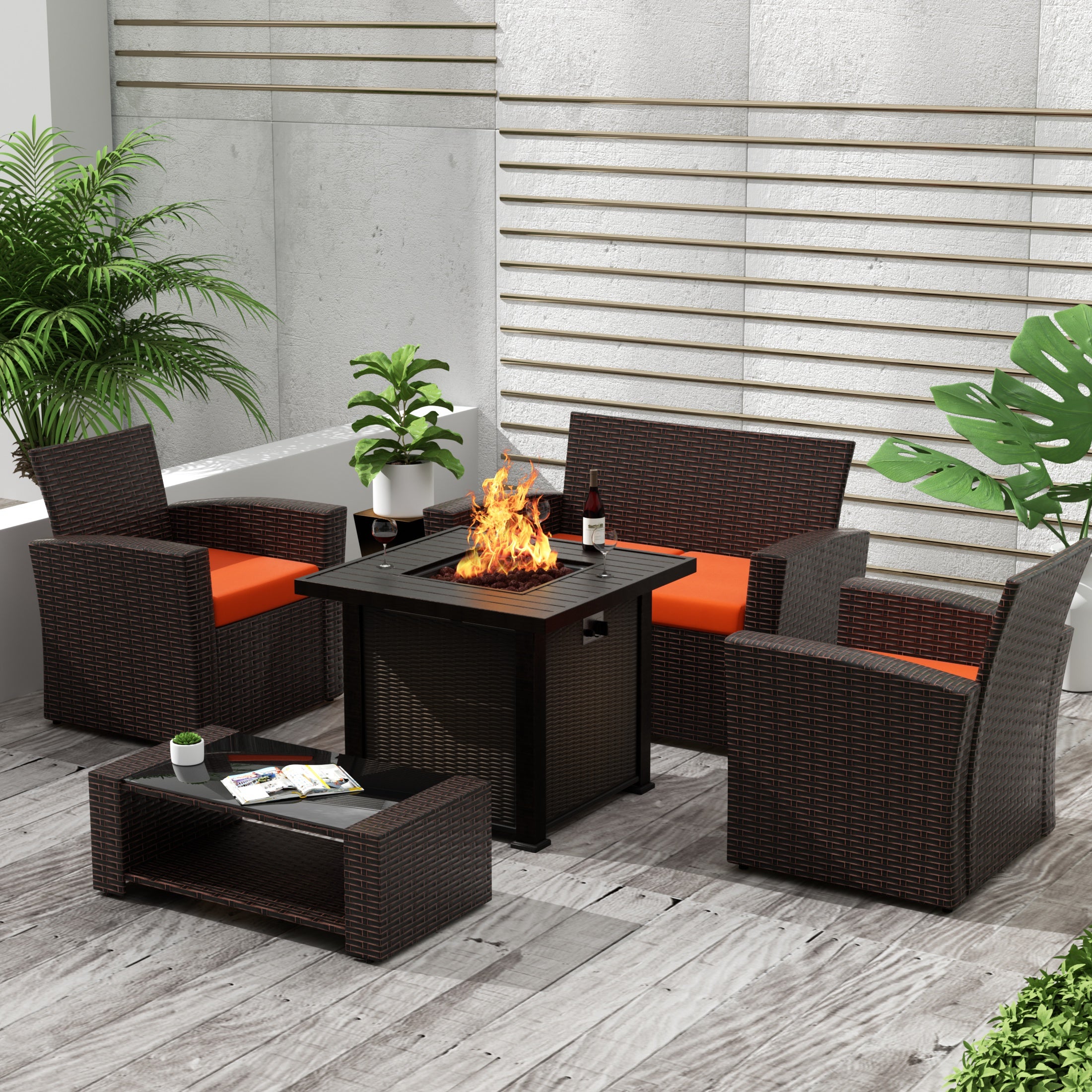 Coastal 4-Piece Conversation Outdoor Patio Sofa Set with Square Fire Pit Table, Chocolate