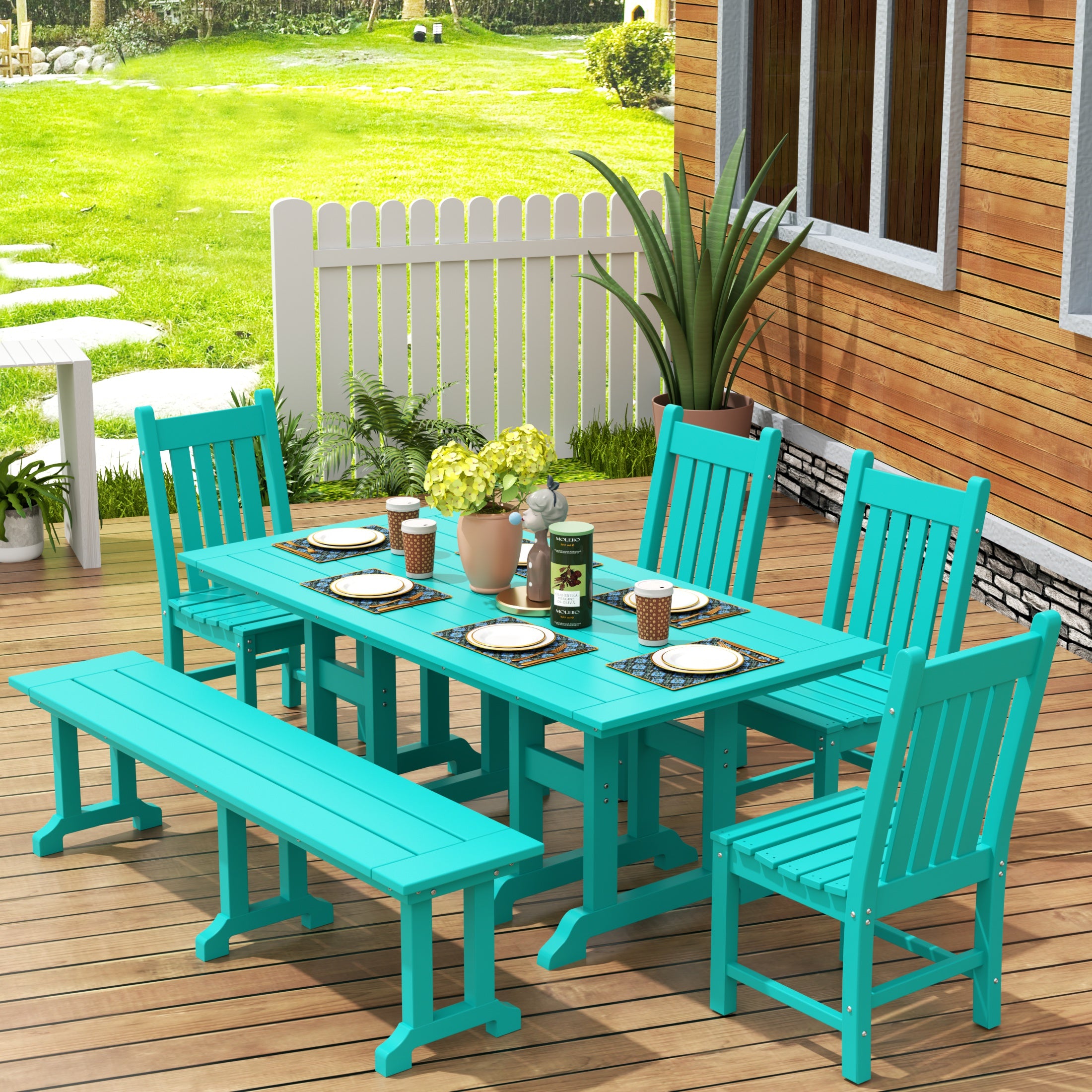 Malibu 6-Piece Outdoor Patio Dining Set Outdoor Table and Bench Chair Set