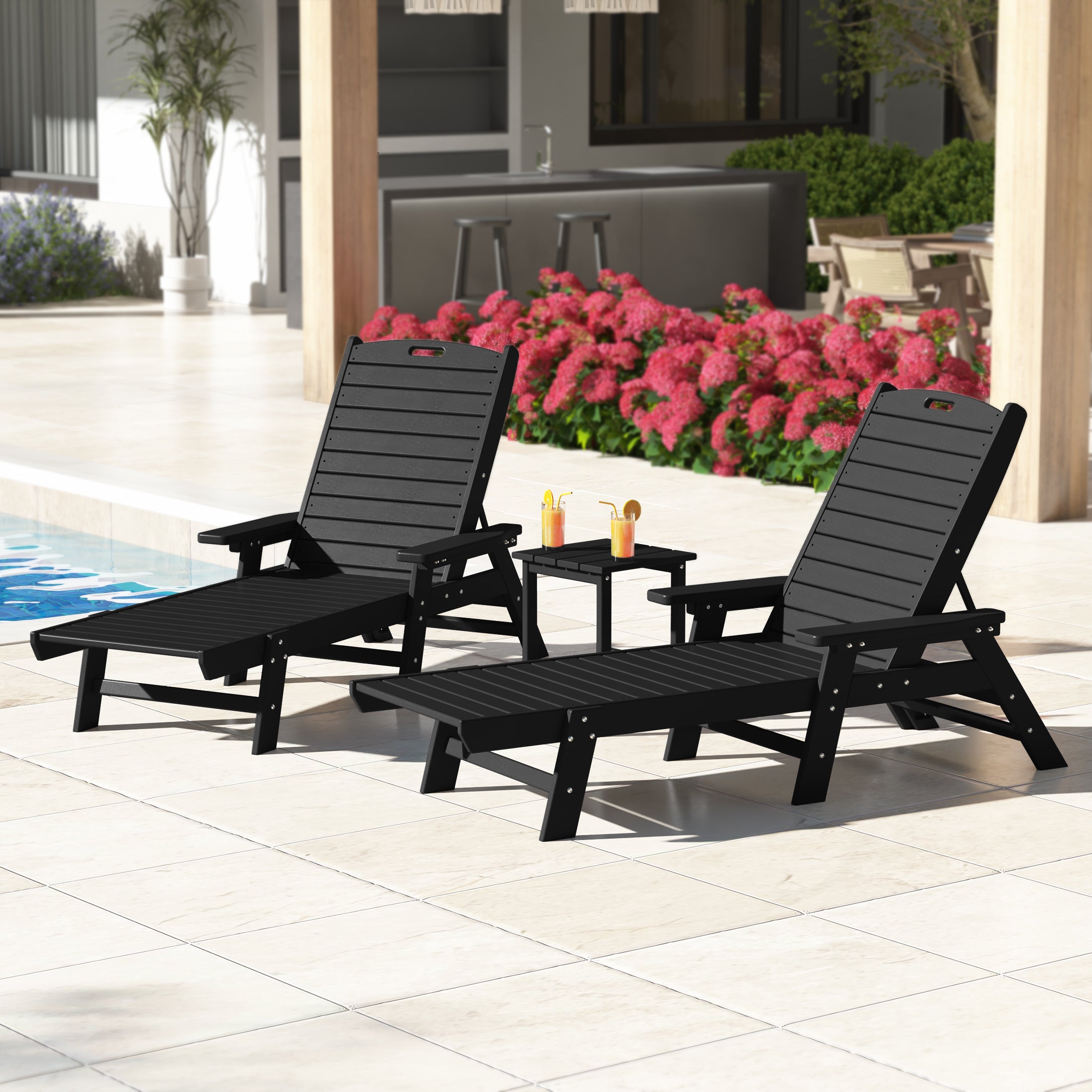 Malibu Poly Reclining Chaise Lounge Set With Table