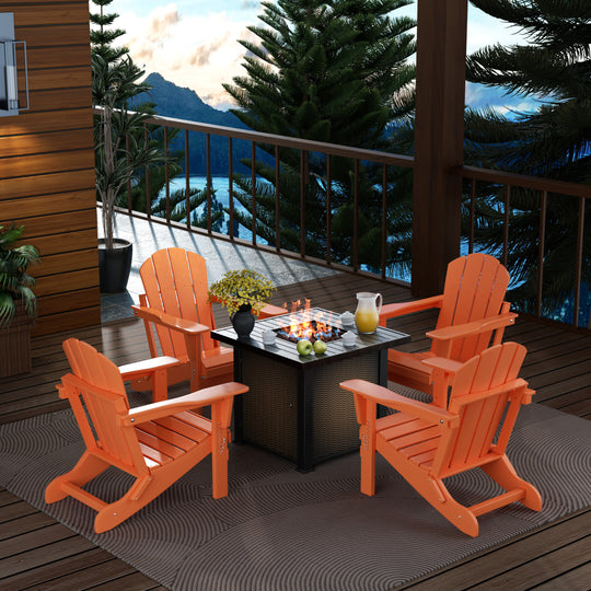 Malibu Modern Folding Poly Adirondack Chair With Square Fire Pit Table Set