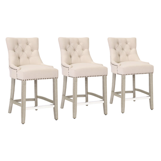 Hayes 24" Upholstered Tufted Wood Bar Stool (Set of 3), Antique Gray