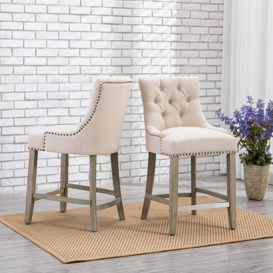 Hayes 24" Upholstered Tufted Wood Bar Stool (Set of 2), Antique Gray