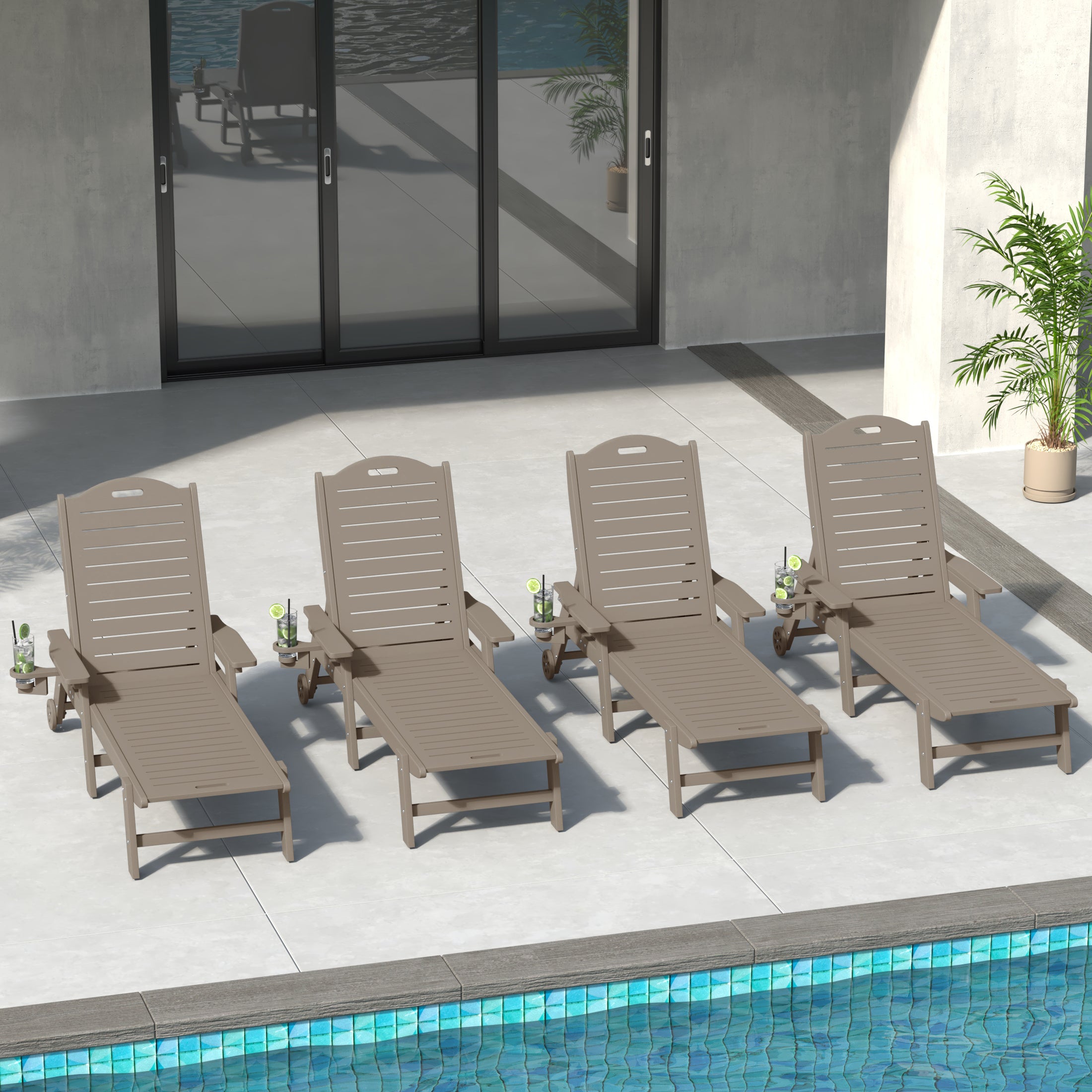 Aruba Outdoor HDPE Patio Chaise Lounges With Wheels & Cup Holder (Set of 4)