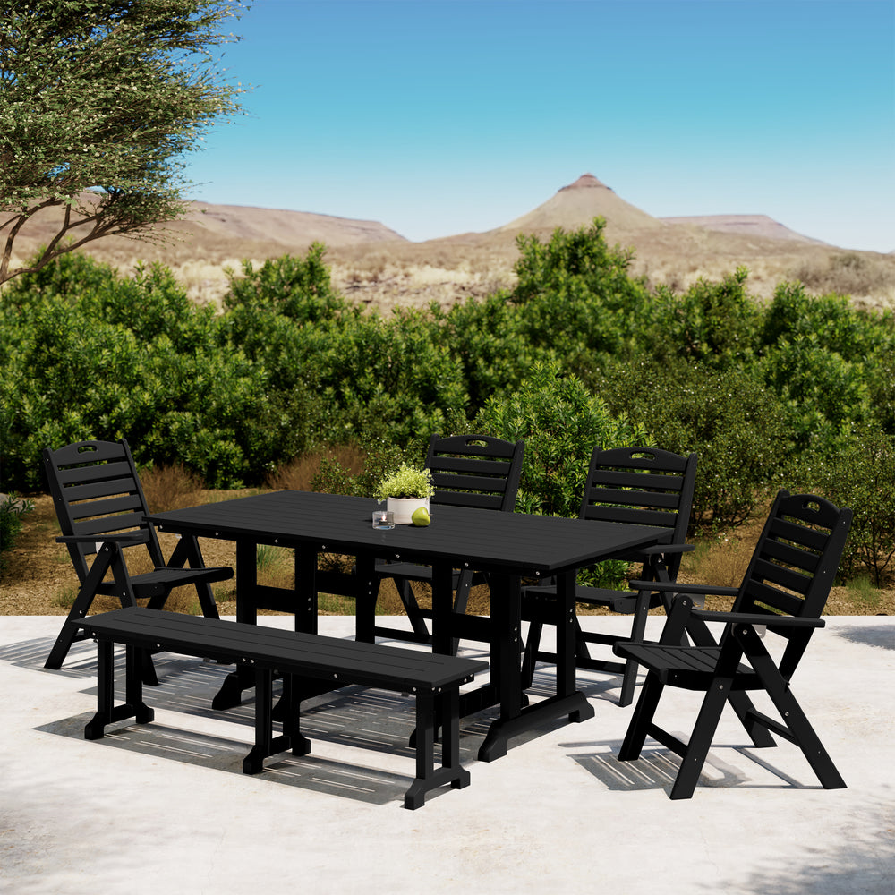 Malibu 6-Piece HDPE Rectangular Patio Dining Table Set with Foldable Chairs and Patio Bench