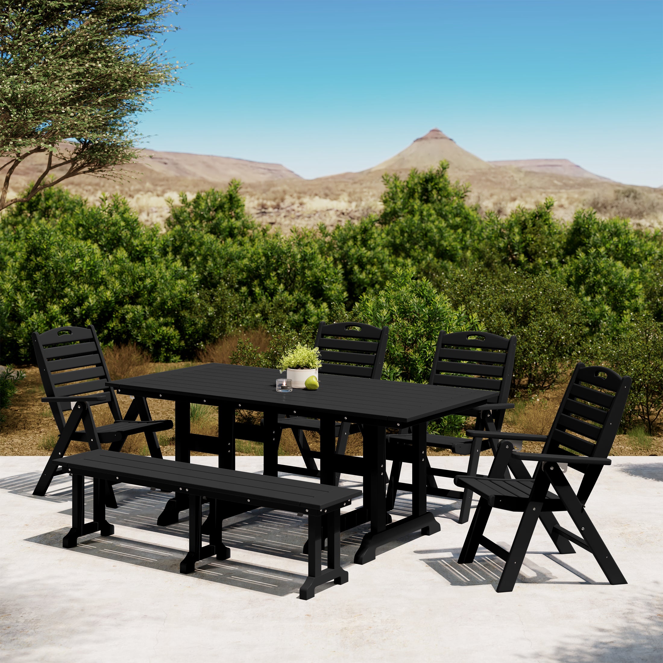 Malibu 6-Piece HDPE Rectangular Patio Dining Table Set with Foldable Chairs and Patio Bench