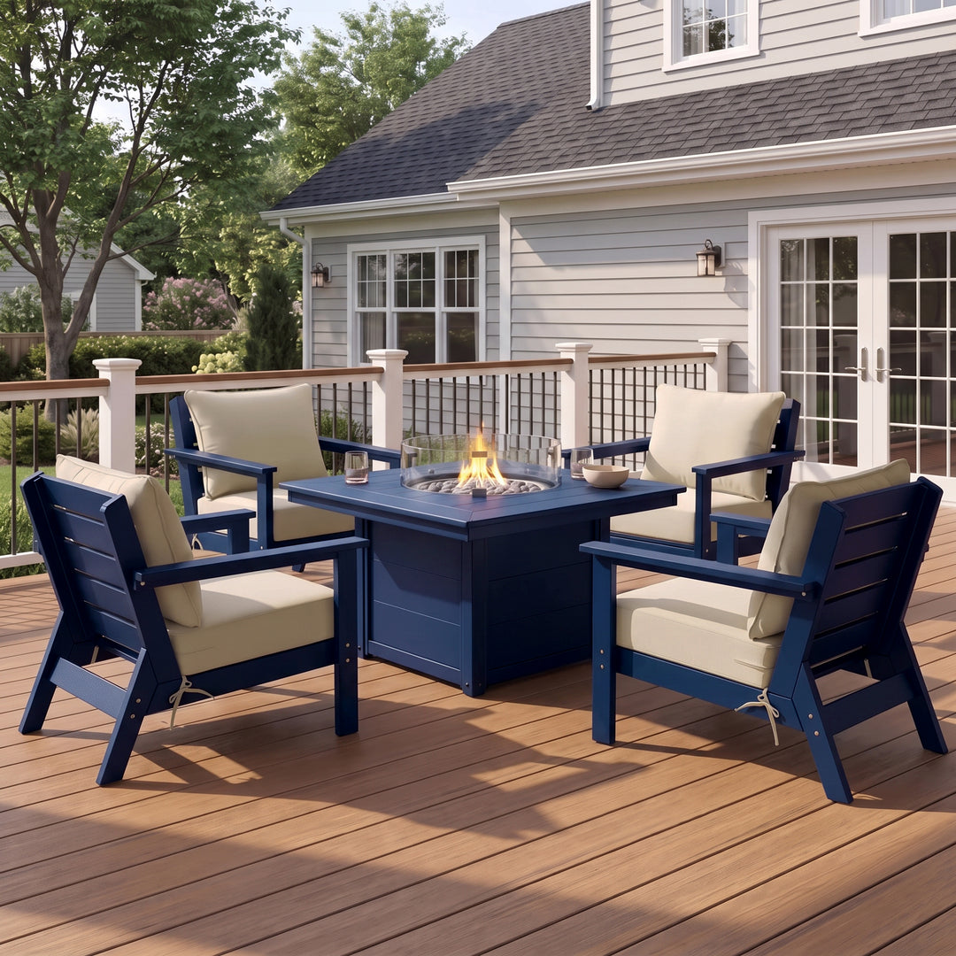 Avalon 5-Piece HDPE Patio Conversation Set with Cushions &amp; Square 42" Fire Pit Table