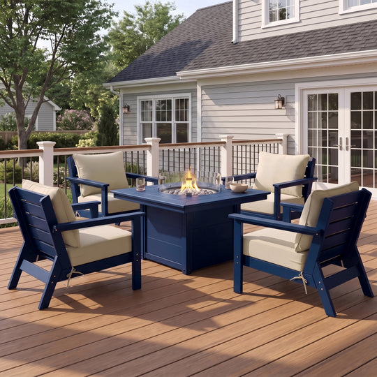 Avalon 5-Piece HDPE Patio Conversation Set with Cushions &amp; Square 42" Fire Pit Table