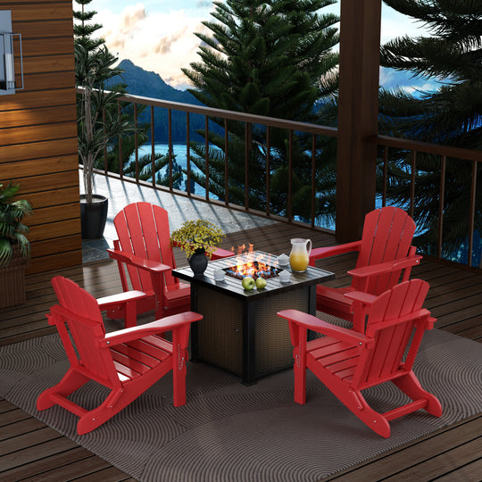 Malibu Modern Folding Poly Adirondack Chair With Square Fire Pit Table Set