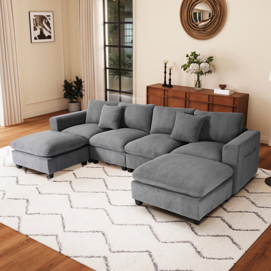 Hearthside 128" Corduroy Modular U-Shaped Sectional Couch and Chaise With USB/Type-C Ports and Side Pockets