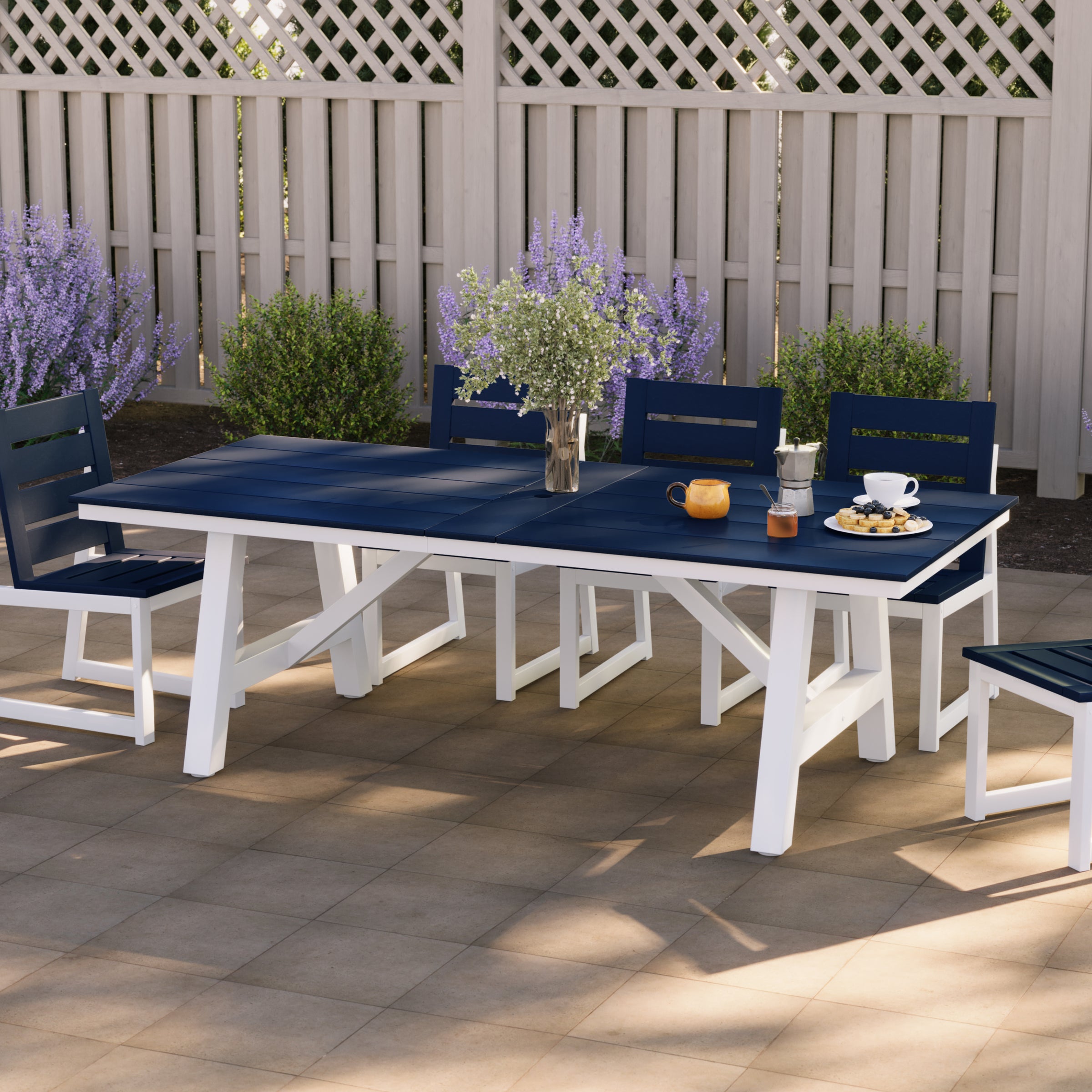 Cape May 90" HDPE Rectangle Outdoor Patio Dining Table With Umbrella Hole and Metal Frame