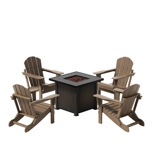 Malibu Modern Folding Poly Adirondack Chair With Square Fire Pit Table Set