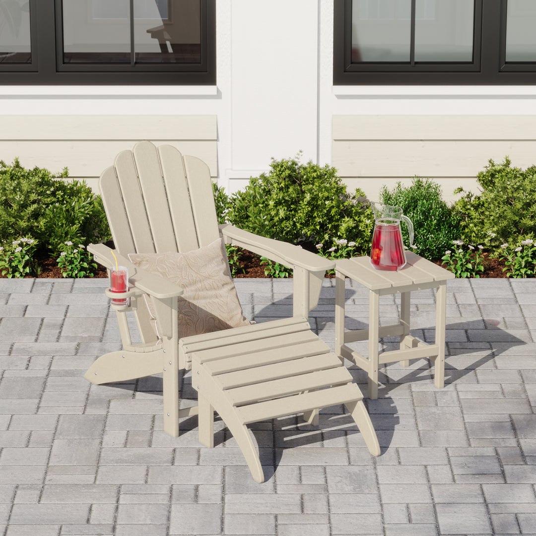 Highland 3-Piece Adirondack Chair with Cup Holder and Folding Ottoman and Table Set