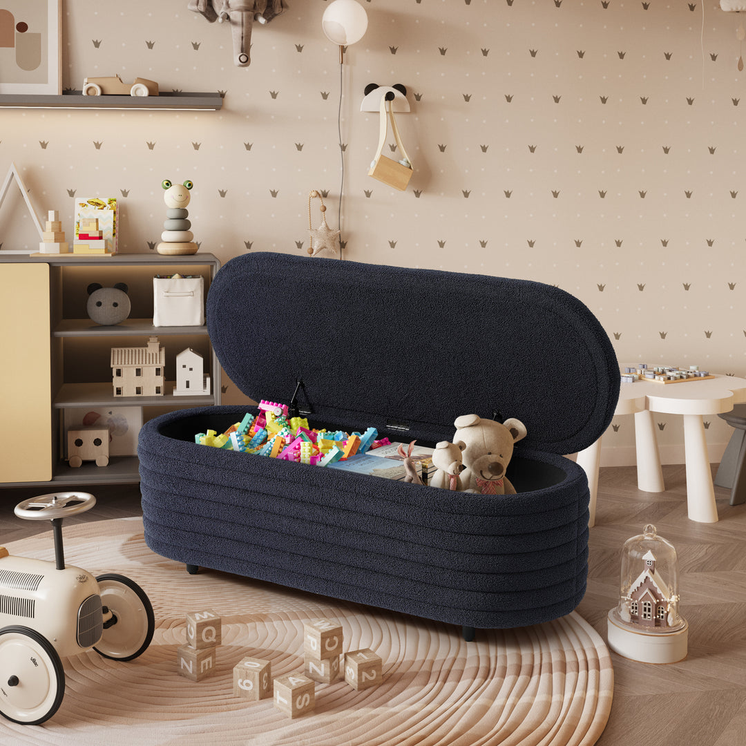 Alexandria 54" Wide Mid-Century Modern Upholstered Teddy Sherpa Tufted Oval Storage Ottoman Bench