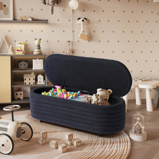 Alexandria 54" Wide Mid-Century Modern Upholstered Teddy Sherpa Tufted Oval Storage Ottoman Bench