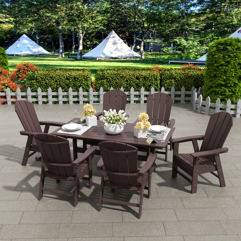 Malibu 7 Piece Outdoor Patio Dining Table and Adirondack Armchair Set