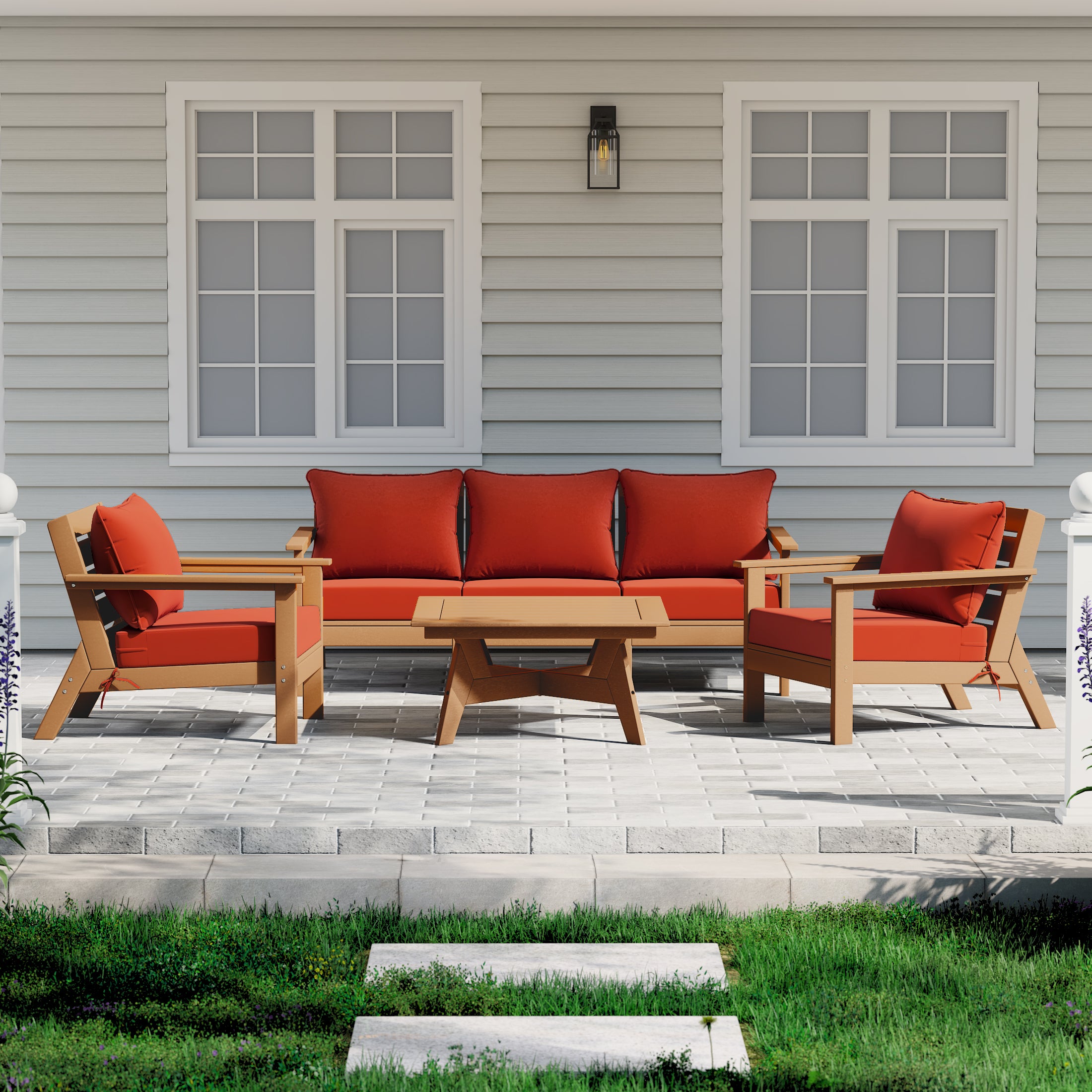 Avalon Outdoor 6-Piece Modular Sectional Patio Furniture Sofa Set in Teak Color Frame