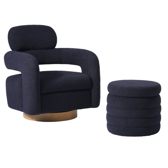 Alexandria Mid-Century Modern Sherpa Swivel Barrel Accent Chair With Storage Ottoman