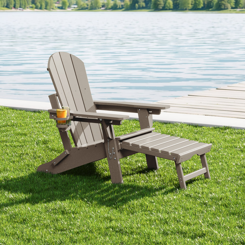 Malibu Folding Adjustable Adirondack Chair with Retractable Ottoman and Cup Holder