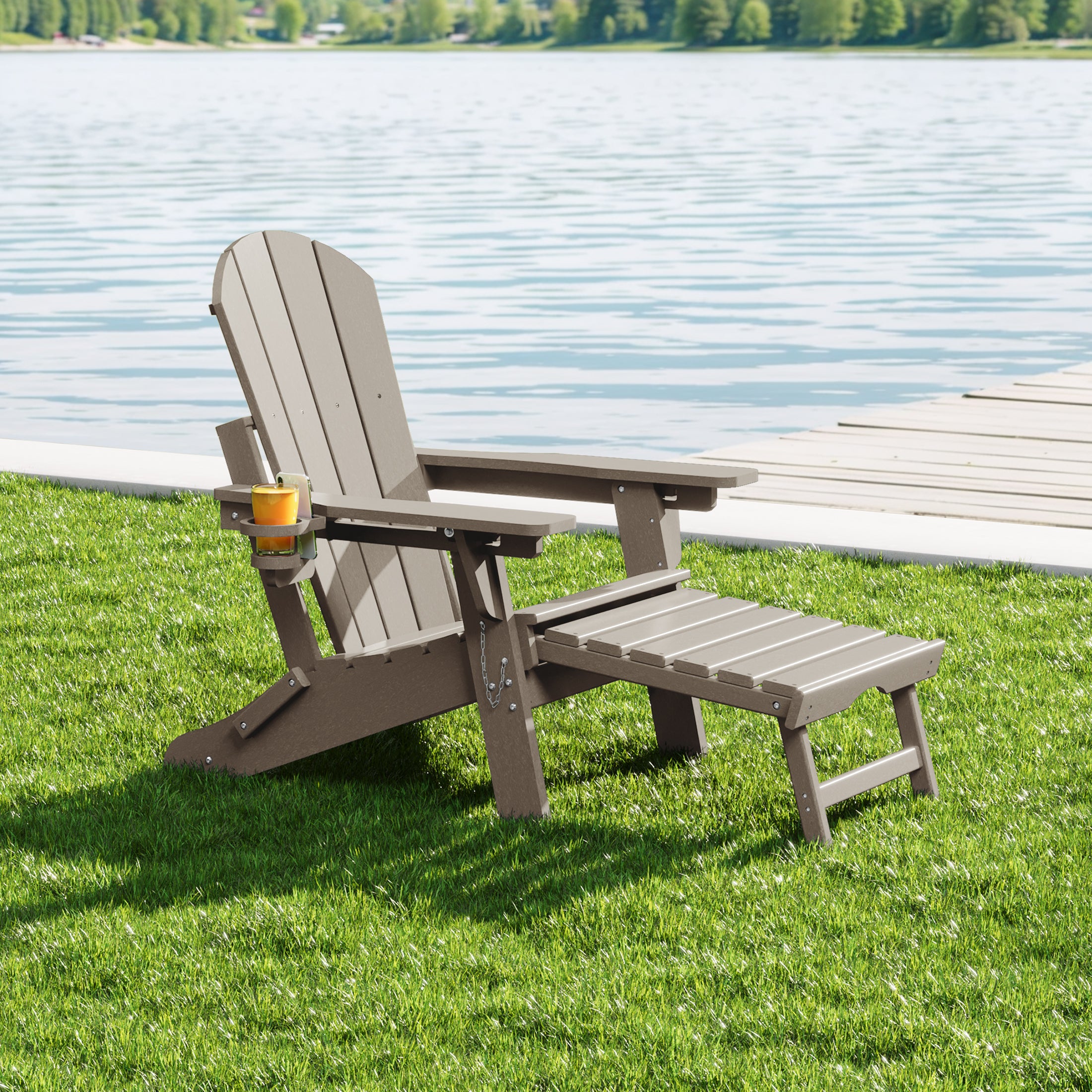 Malibu Folding Adjustable Adirondack Chair with Retractable Ottoman and Cup Holder