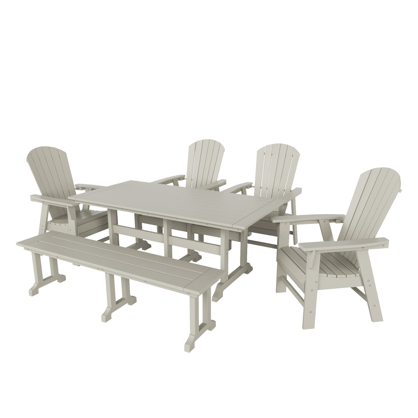 Dylan 6 Piece Outdoor Patio Rectangle Dining Table and Dining Bench Shell Back Armchair Set