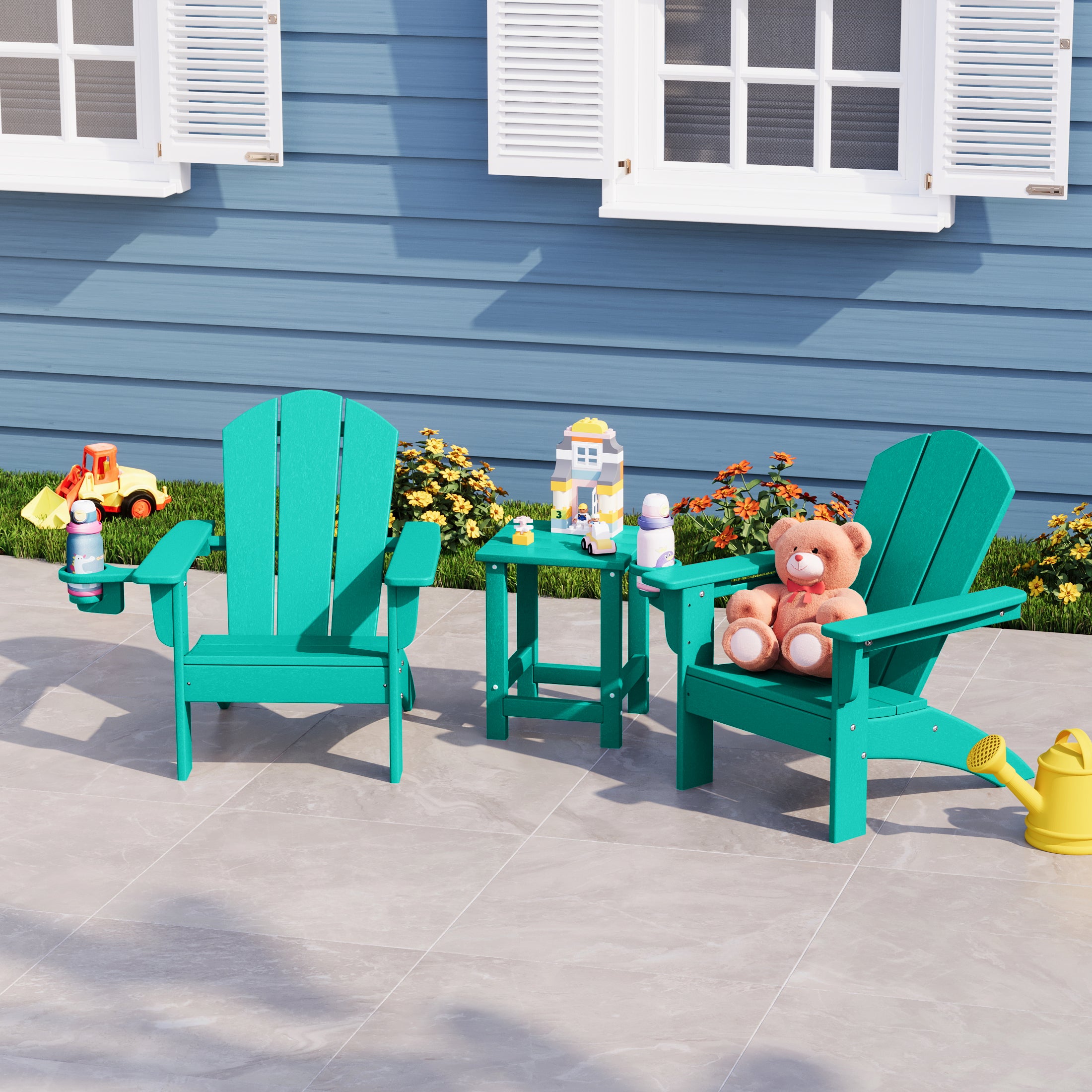 Malibu 3-Piece Kids HDPE Adirondack Chairs Set with Square Side Table and Cup Holders