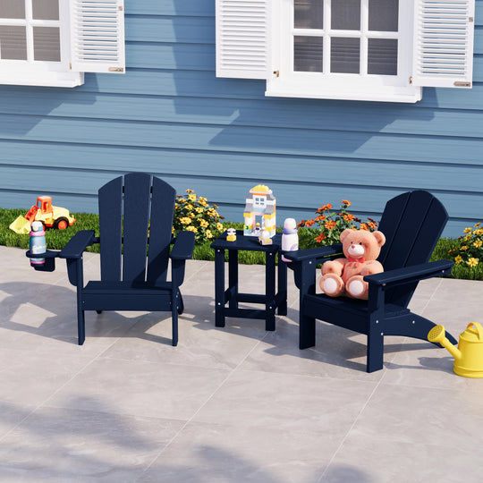Malibu 3-Piece Kids HDPE Adirondack Chairs Set with Square Side Table and Cup Holders
