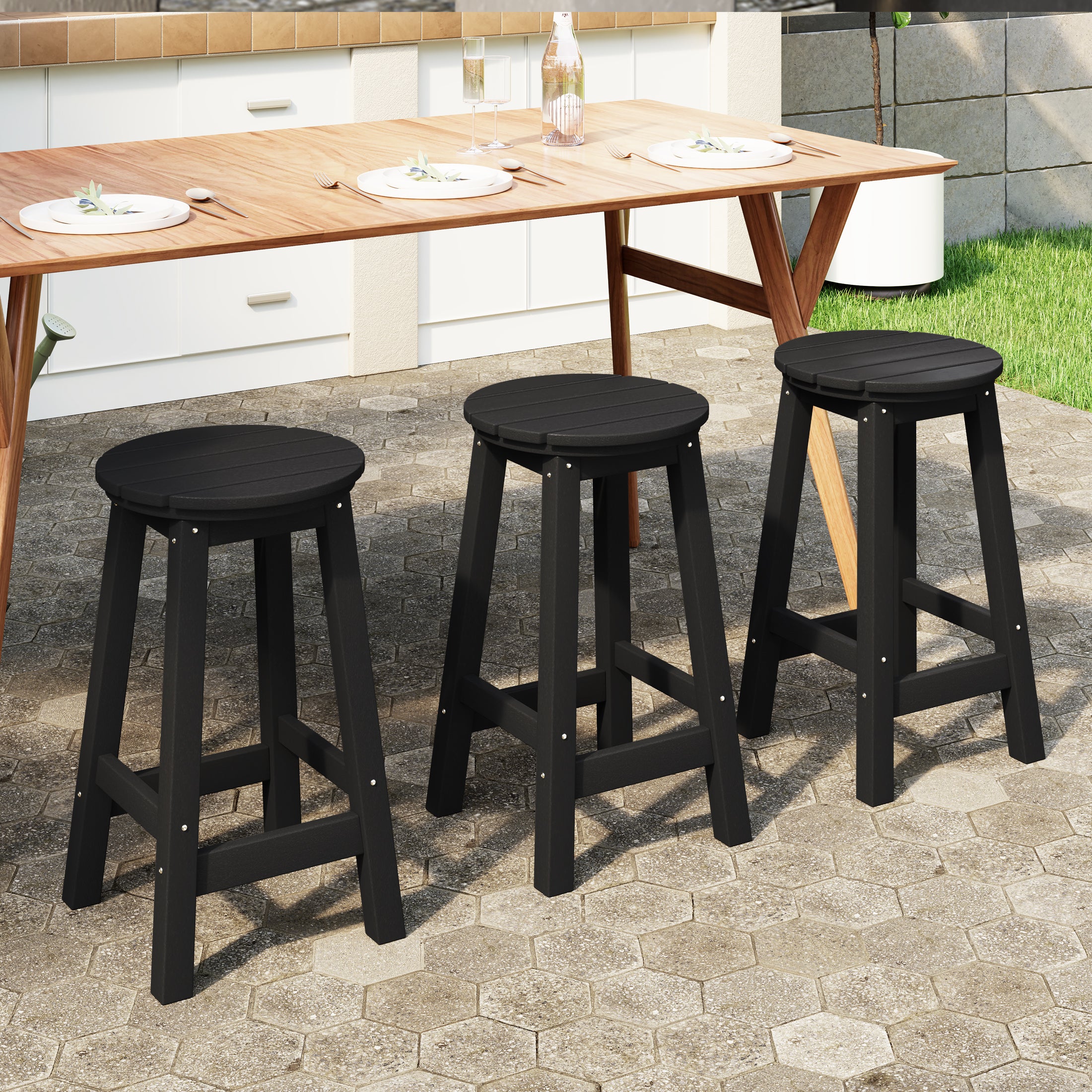 Malibu 24" HDPE Outdoor Patio Round Counter Height Bar Stool Set of 3