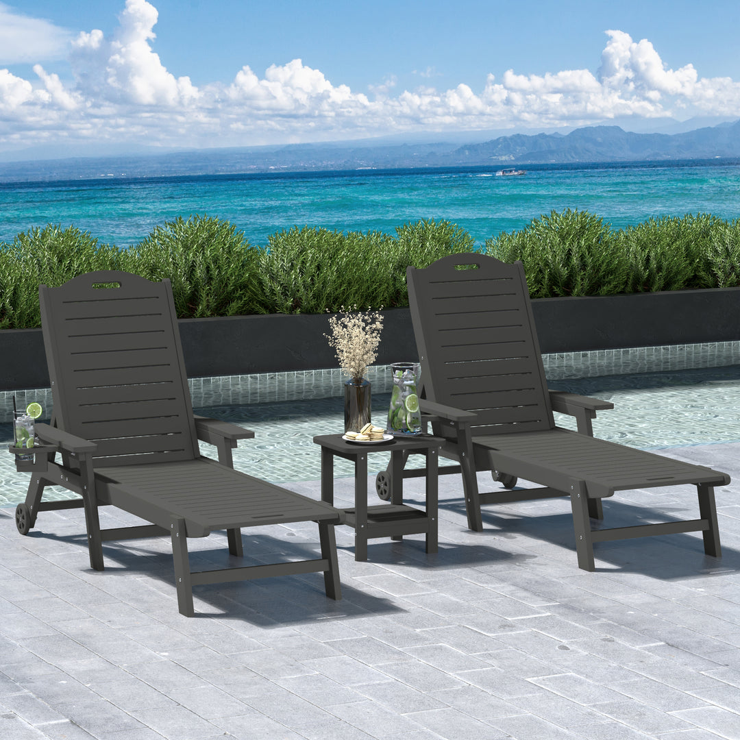 Aruba 3-Piece Outdoor Patio Chaise Lounge Chair with Wheels & Cup Holder with Patio Side Table
