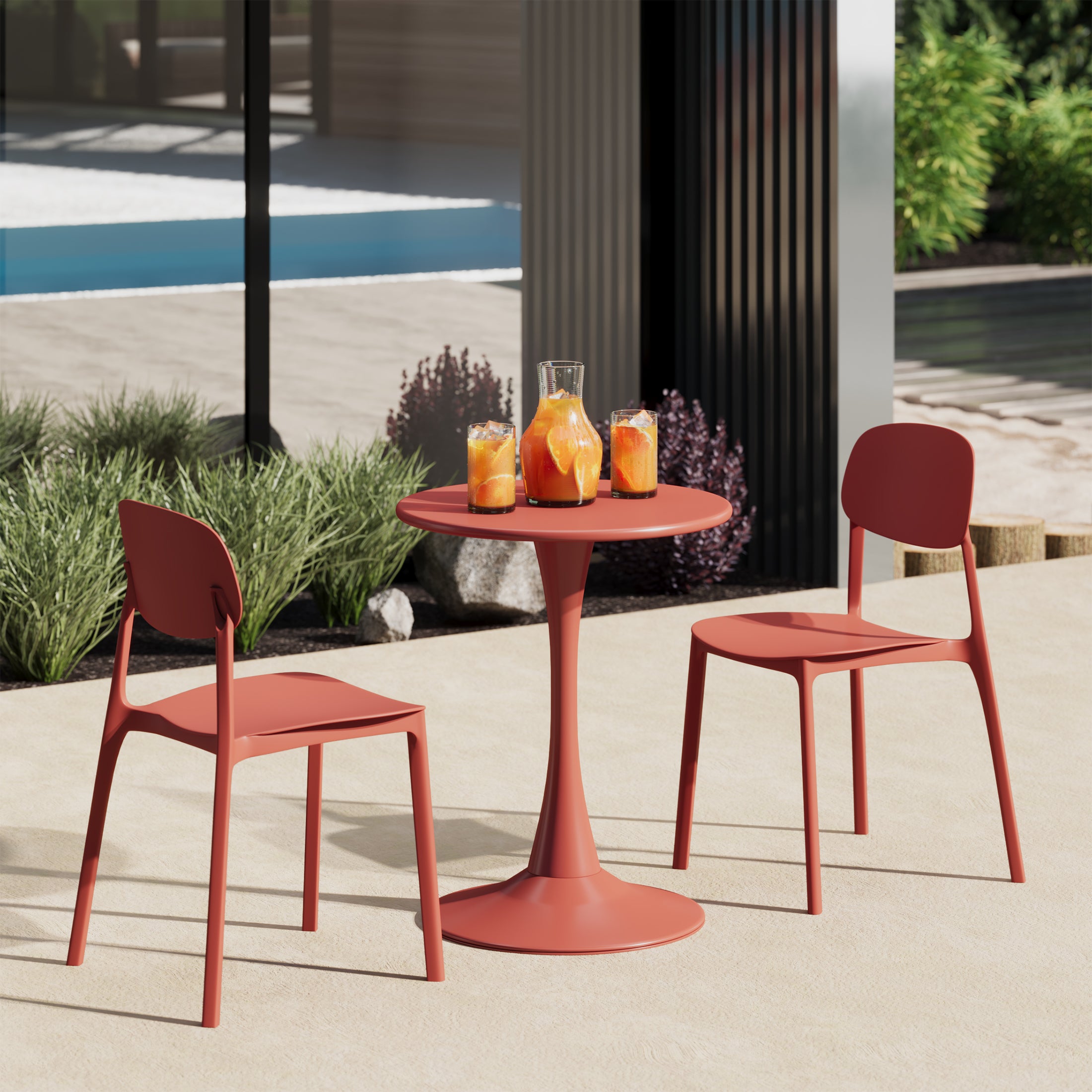 Playa 3-Piece Outdoor Round Metal Patio Dining Table Set With Stackable Resin Patio Side Chairs