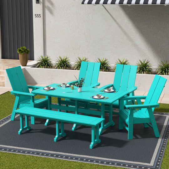 Ashore 6 Piece Outdoor Patio Rectangle Dining Table and Dining Bench Modern Armchair Set