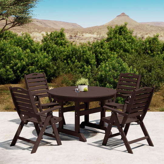 Malibu 5-Piece HDPE Round Patio Dining Table Set with Foldable Chairs