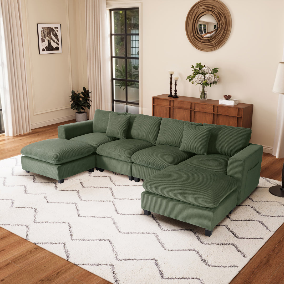 Hearthside 128" Corduroy Modular U-Shaped Sectional Couch and Chaise With USB/Type-C Ports and Side Pockets