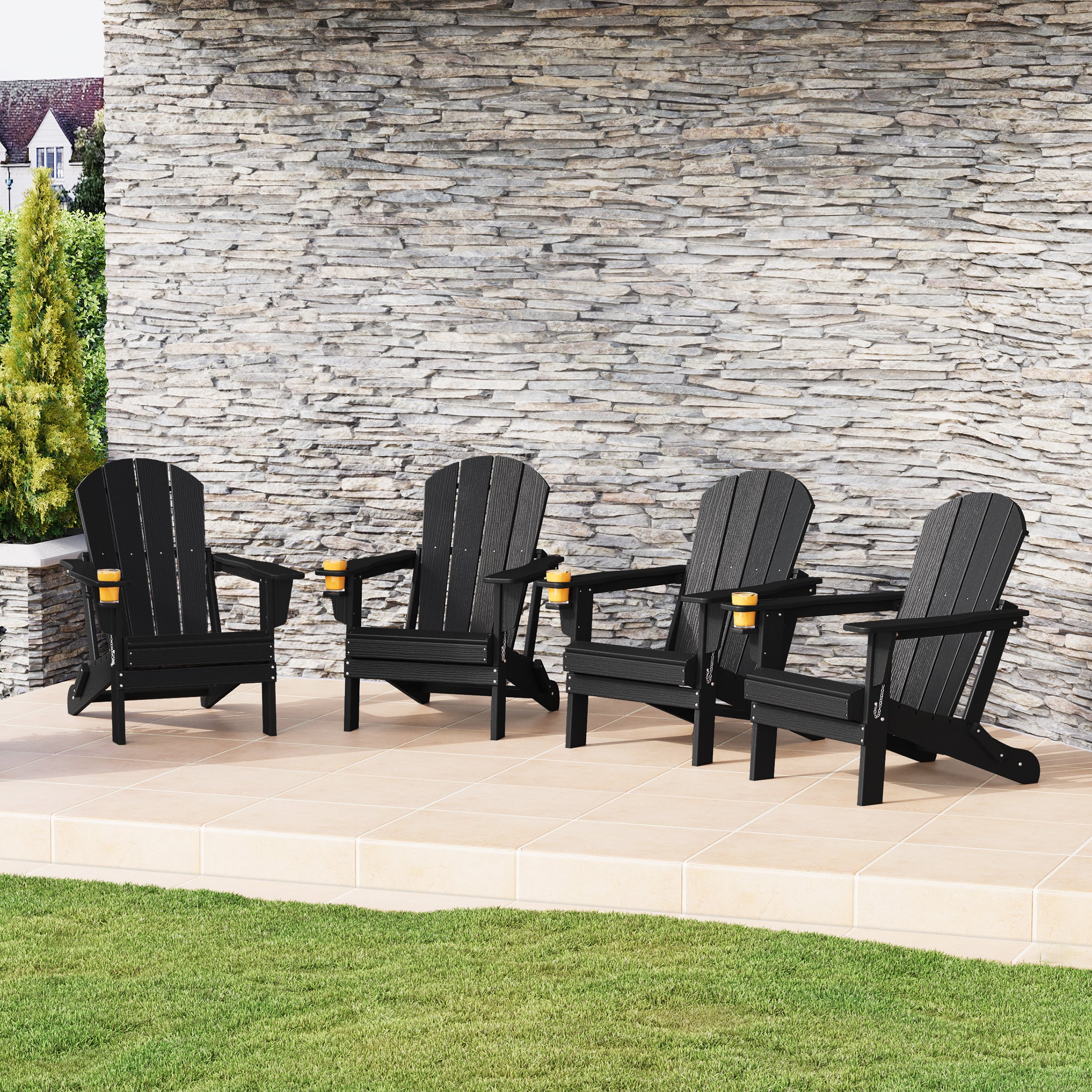 Nantucket Outdoor Patio HDPE Resin Folding Adirondack Chairs With Cup Holder and Phone Holder (Set of 4)