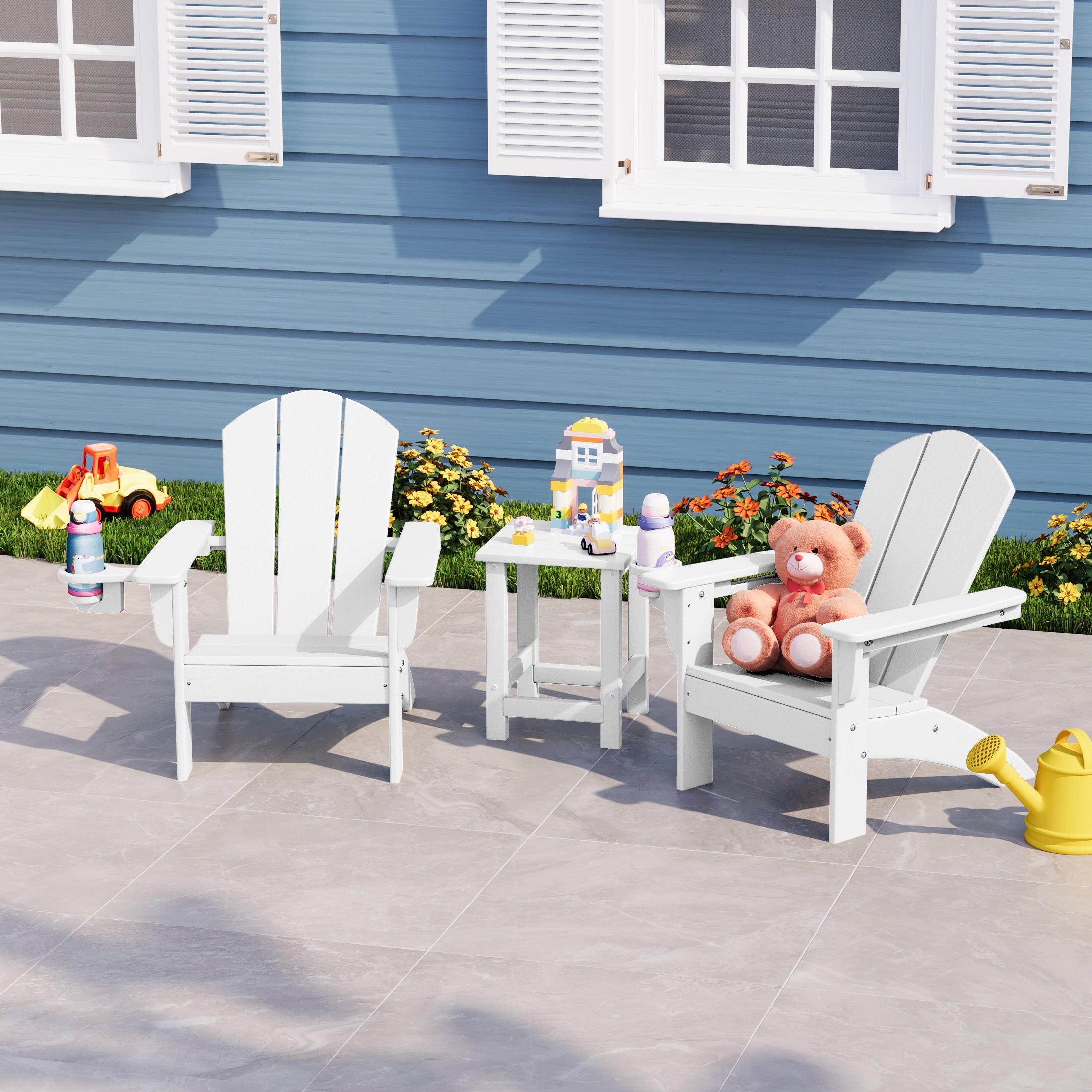 Malibu 3-Piece Kids HDPE Adirondack Chairs Set with Square Side Table and Cup Holders