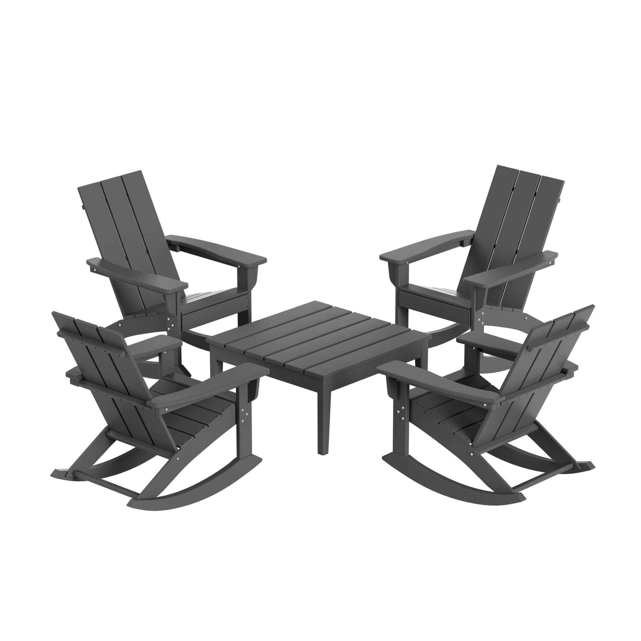 Ashore 5-Piece Set Modern Plastic Outdoor Rocking Chairs with Square Side Table