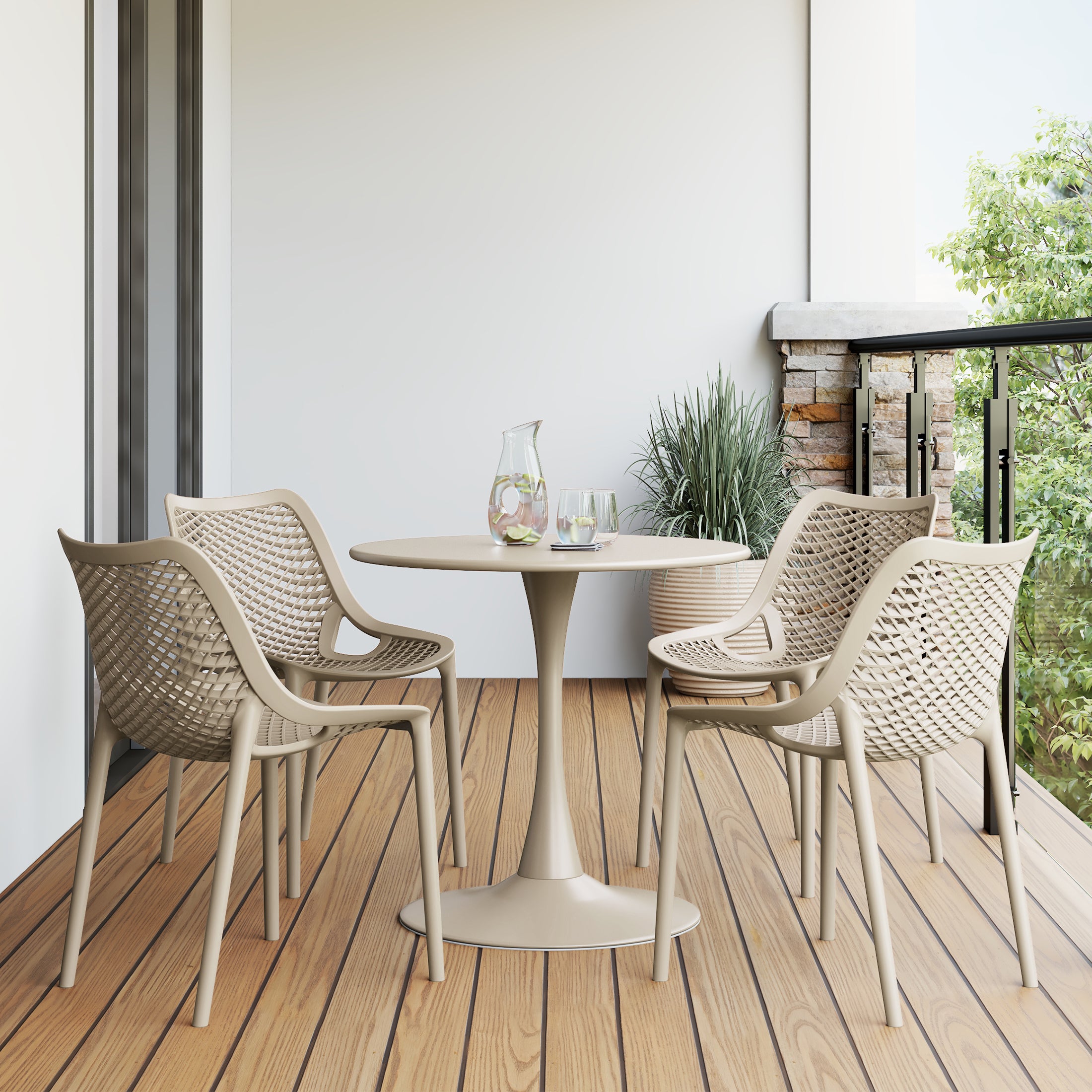 Playa 5-Piece Outdoor Indoor Round Metal Dining Table Set And Stackable Resin Patio Dining Side Chairs