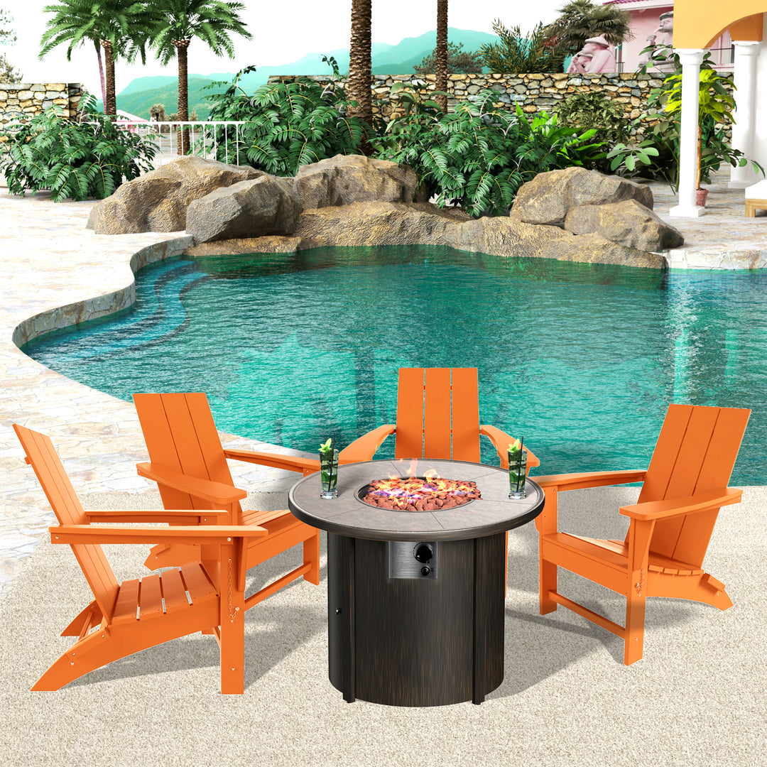 Ashore Modern Folding Poly Adirondack Chair With Round Fire Pit Table