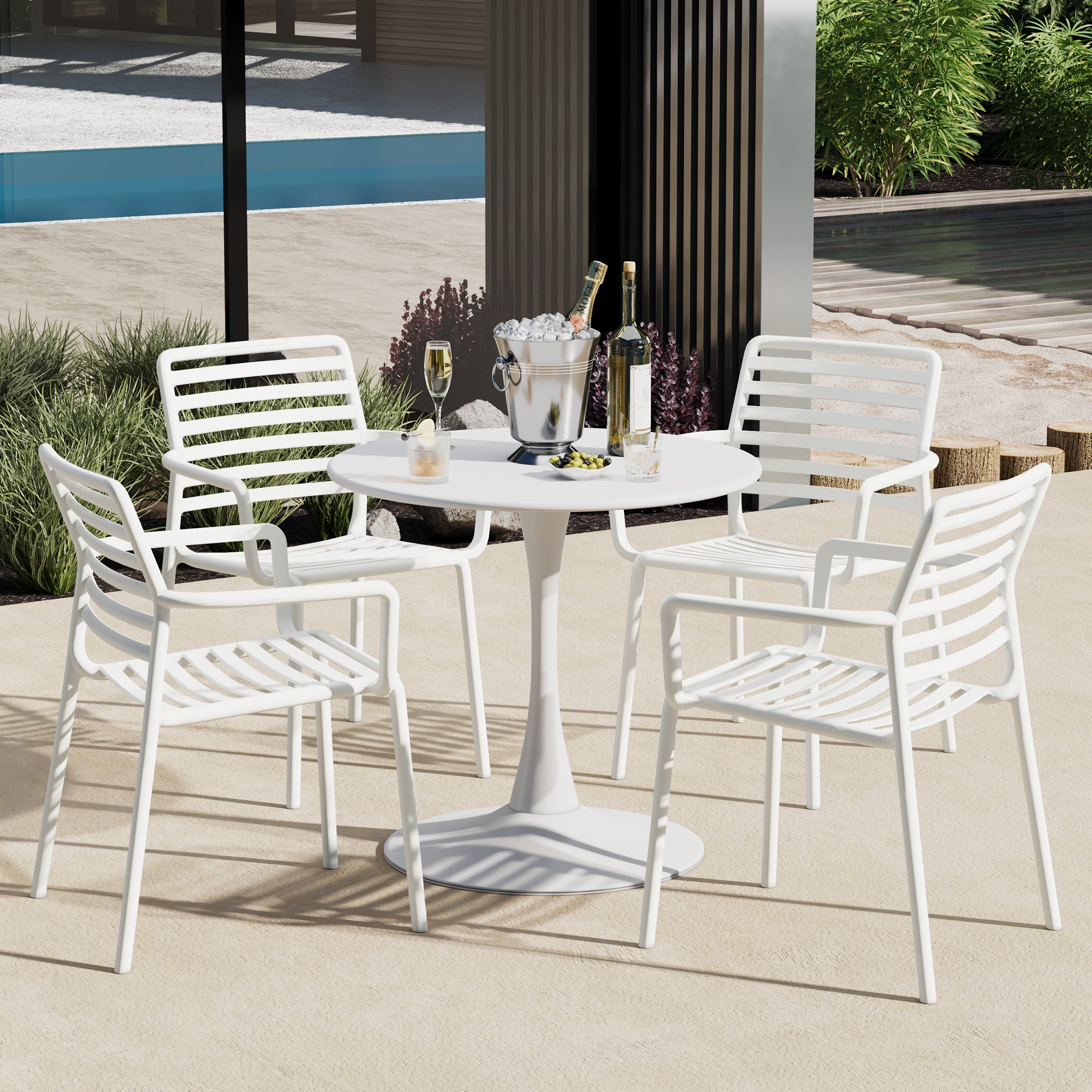 Playa 5-Piece Indoor Outdoor Metal Patio Dining Table Set With Stackable Plastic Patio Arm Chairs