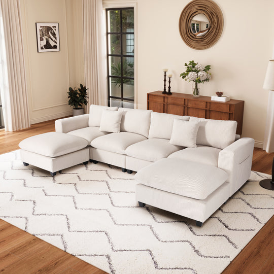 Hearthside 128" Corduroy Modular U-Shaped Sectional Couch and Chaise With USB/Type-C Ports and Side Pockets