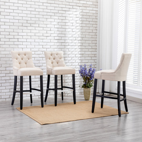 Hayes 29" Upholstered Tufted Wood Bar Stool (Set of 3), Black