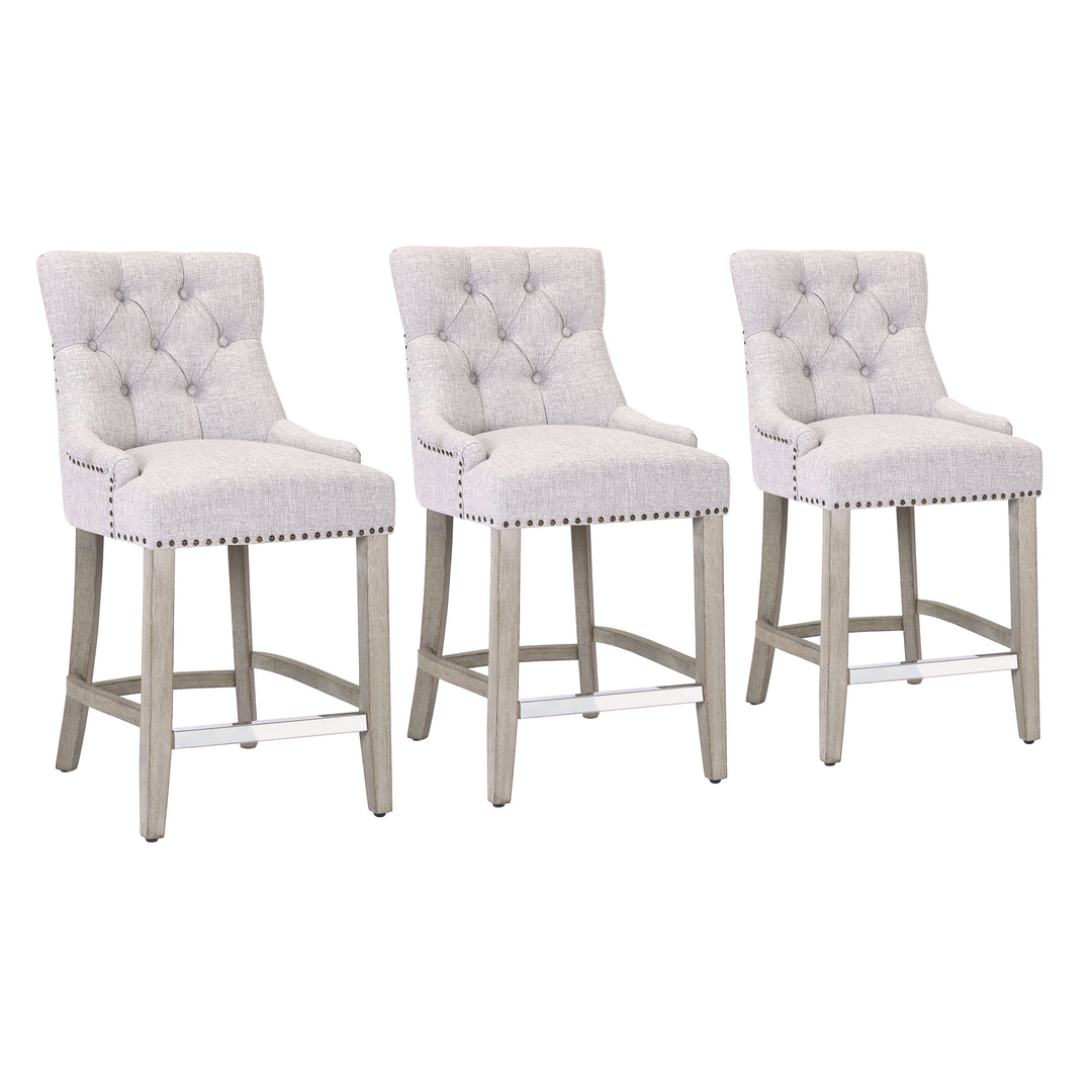 Hayes 24" Upholstered Tufted Wood Bar Stool (Set of 3), Antique Gray