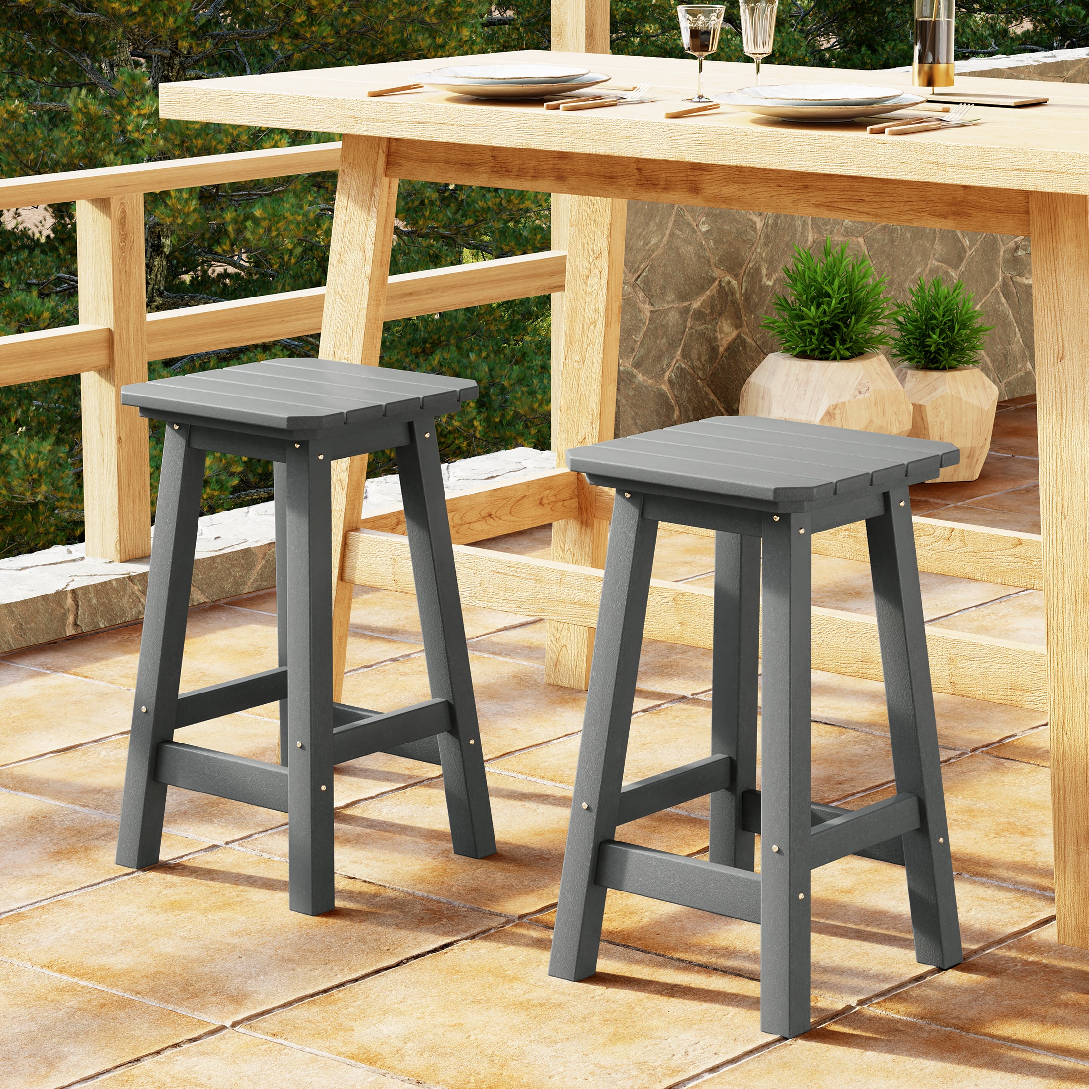 Malibu 24" HDPE Outdoor Patio Counter High Backless Square Bar Stools Set of 2