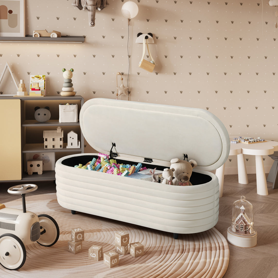 Phoebe 54" Wide Mid-Century Modern Upholstered Velvet Tufted Oval Storage Ottoman Bench