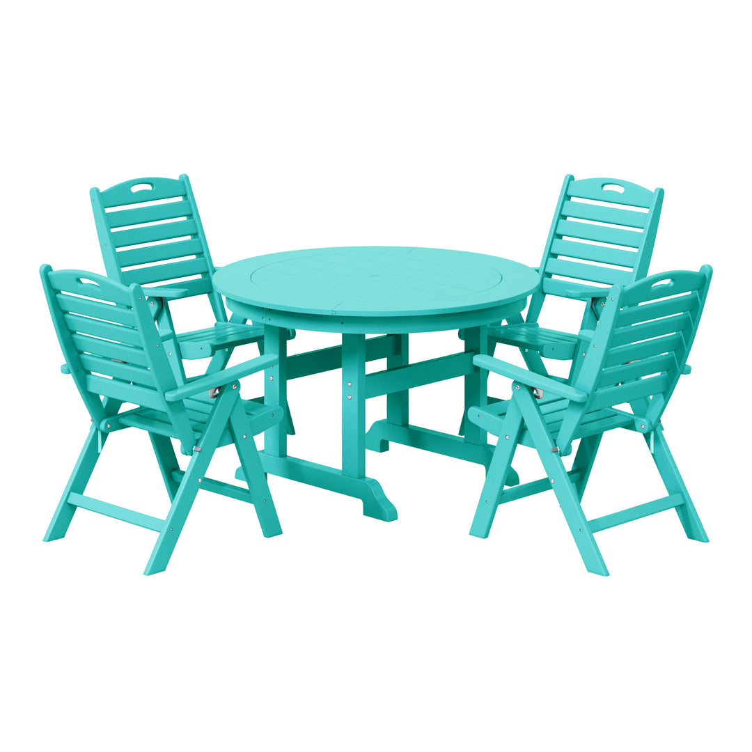 Malibu 5-Piece HDPE Round Patio Dining Table Set with Foldable Chairs