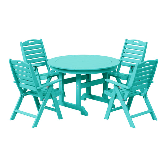 Malibu 5-Piece HDPE Round Patio Dining Table Set with Foldable Chairs