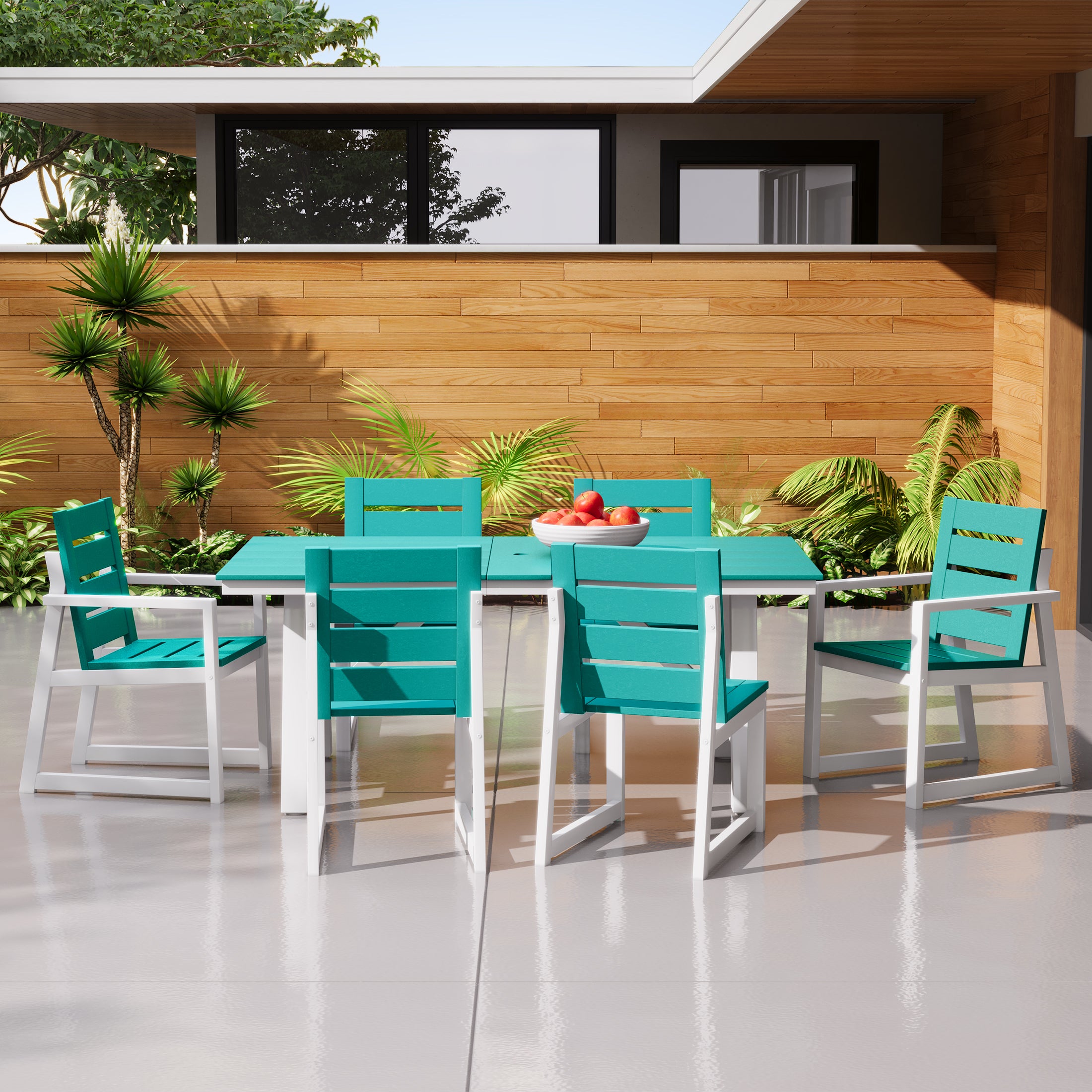 Cape May 7-Piece HDPE Outdoor Furniture Patio Dining Table With Umbrella Hole and Chairs Set For 6