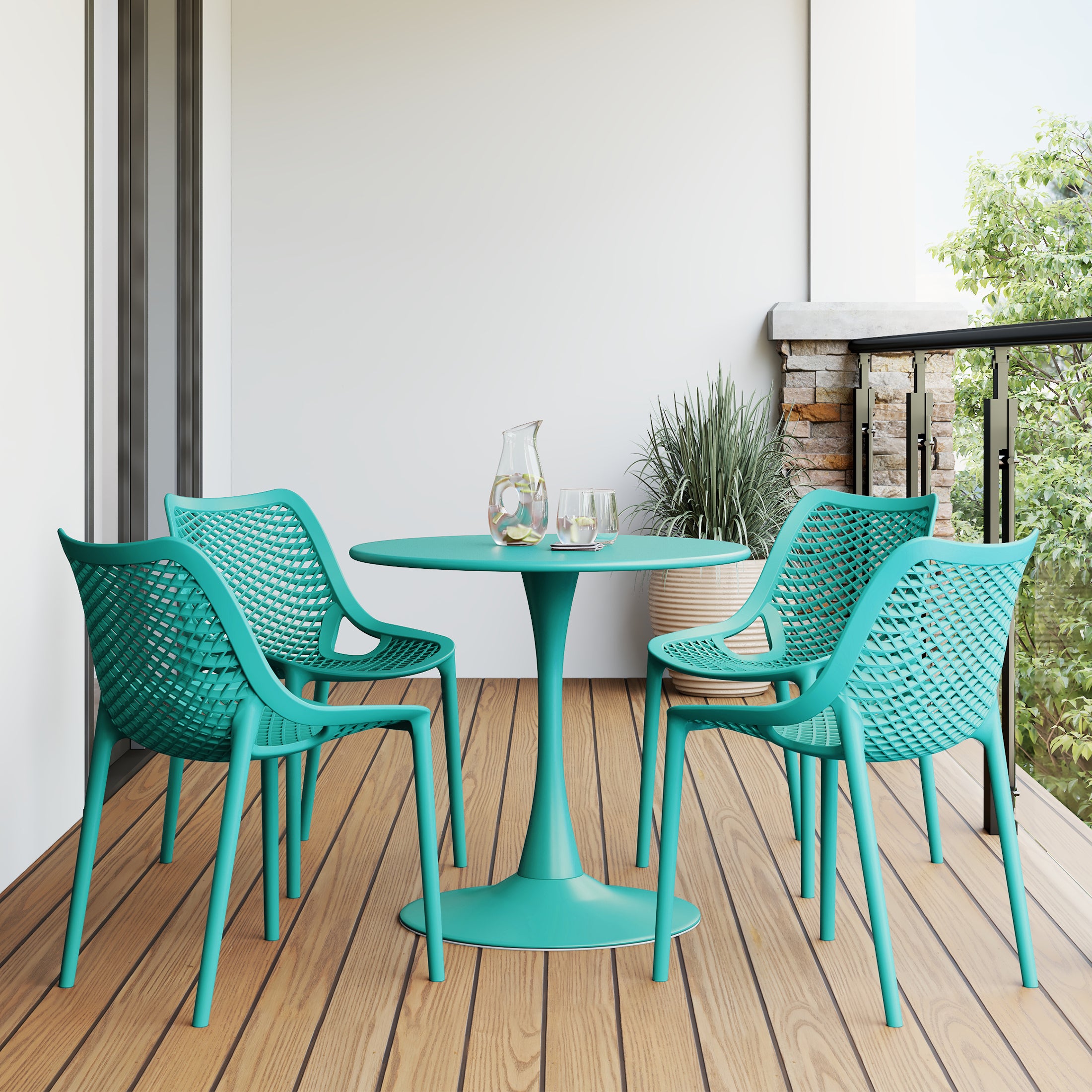 Playa 5-Piece Outdoor Indoor Round Metal Dining Table Set And Stackable Resin Patio Dining Side Chairs