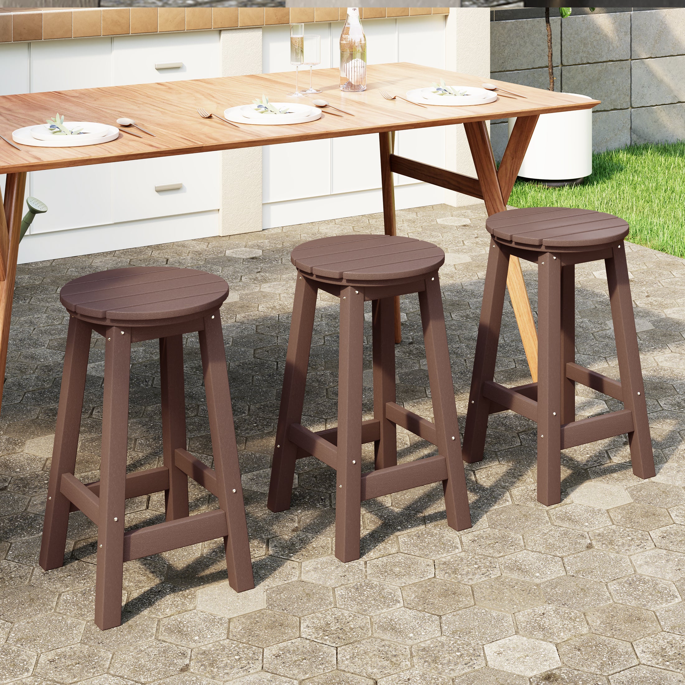 Malibu 24" HDPE Outdoor Patio Round Counter Height Bar Stool Set of 3